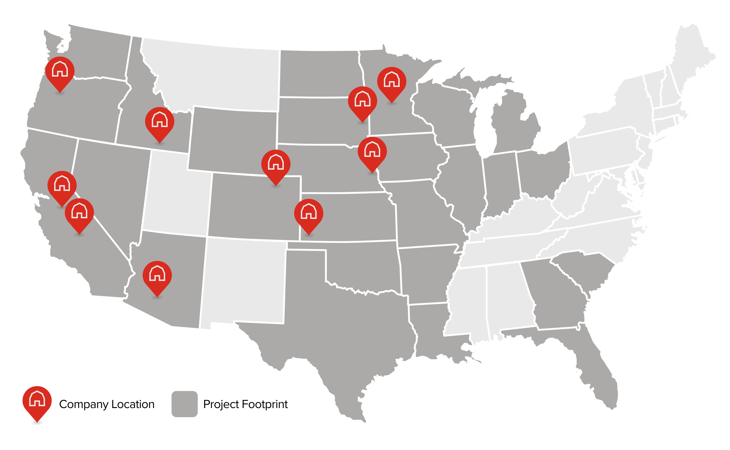 Map of USA with Bower Ag Locations